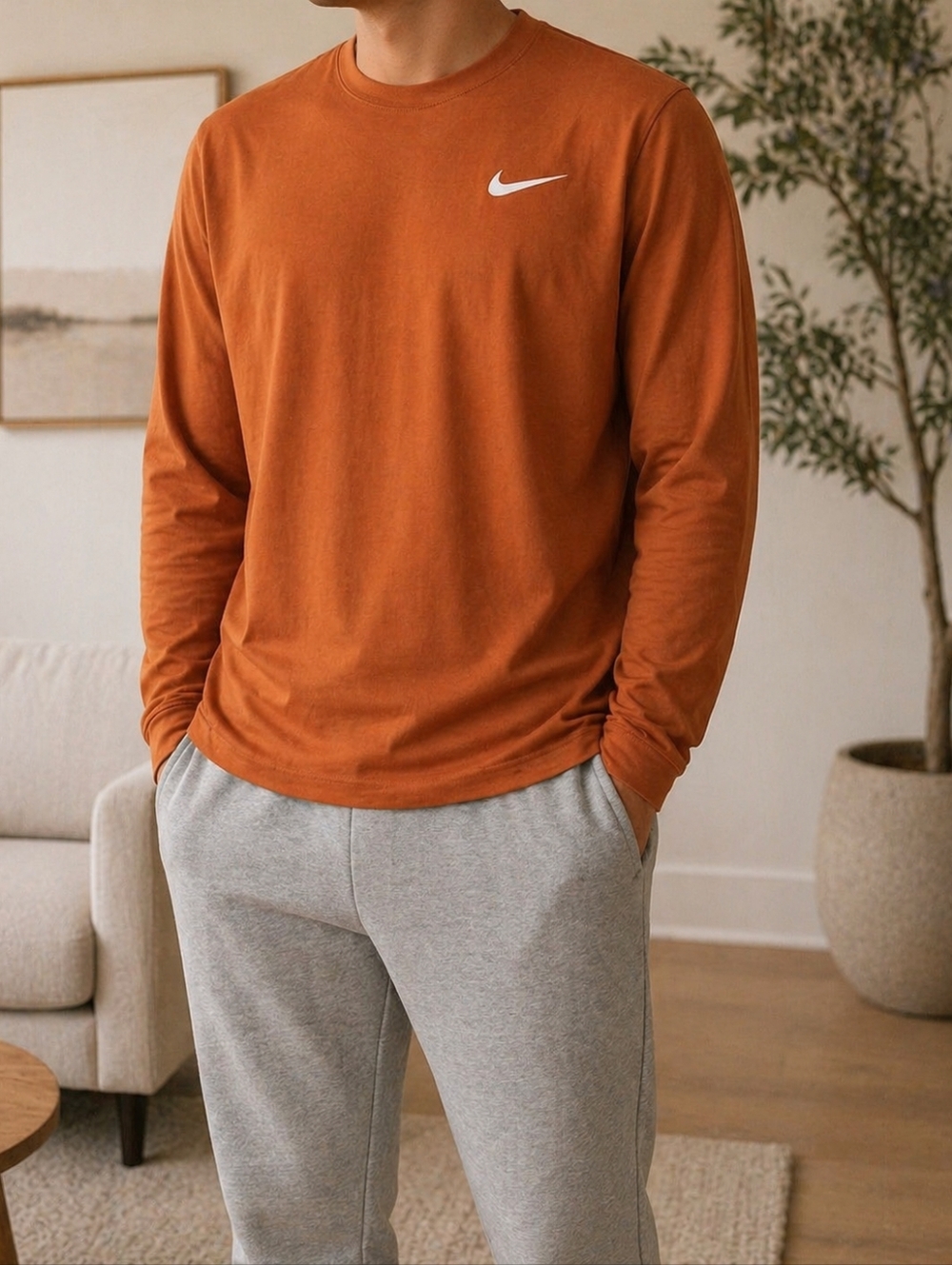 Nike Long Sleeve Crew Shirt in Burnt Orange with White Swoosh